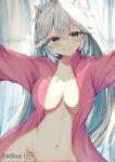  1girl animal_ear_fluff animal_ears aties20 blue_eyes blush breasts cat_ears curtains grey_hair jacket large_breasts long_hair looking_at_viewer navel open_clothes open_jacket pink_jacket smile solo vei_(vtuber) virtual_youtuber vshojo white_curtains 