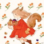  1girl animal_ears artist_name blush brown_eyes brown_footwear brown_hair closed_mouth dress holding long_hair oniheya_53 original painting_(medium) red_dress solo squirrel_ears squirrel_girl squirrel_tail tail traditional_media watercolor_(medium) 