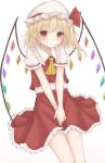  1girl ascot bare_legs blonde_hair blush crystal flandre_scarlet flat_chest gaden19 hat highres light_smile looking_at_viewer mob_cap one_side_up puffy_short_sleeves puffy_sleeves red_eyes red_skirt red_vest short_hair short_sleeves simple_background skirt skirt_set solo touhou v_arms vest white_background wings yellow_ascot 