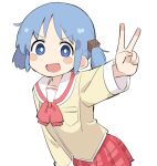  1girl :d arawi_keiichi_(style) arm_up blue_eyes blue_hair blush_stickers commentary_request cube_hair_ornament fusazakura hair_ornament highres leaning_forward naganohara_mio nichijou open_mouth plaid plaid_skirt pleated_skirt school_uniform serafuku short_twintails skirt smile solo tokisadame_school_uniform twintails upper_body v v-shaped_eyebrows 