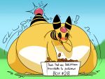  ampharos anthro belly big_belly blush box container countershading crazy_eyes eating english_text exclamation_point eyelashes female flat_chested generation_2_pokemon grass heart_reaction hyper hyper_belly morbidly_obese morbidly_obese_anthro morbidly_obese_female nintendo nude obese obese_anthro obese_female outside overweight overweight_anthro overweight_female plant pokemon pokemon_(species) raised_tail sky solo standing tail text thatoneaceguy weight_gain white_body white_countershading yellow_body 