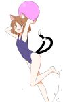  1girl :d alternate_costume animal_ear_piercing animal_ears armpits arms_up ball bare_legs barefoot brown_eyes brown_hair cat_ears cat_tail chen commentary_request covered_navel earrings flat_chest foot_out_of_frame holding holding_ball jewelry looking_at_viewer multiple_tails nekomata no_headwear one-piece_swimsuit open_mouth petite shiisuu_rattamu short_hair simple_background single_earring smile solo splashing swimsuit tail teeth touhou two_tails upper_teeth_only water white_background 