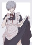 1boy apron closed_mouth crossdressing gloves grey_background grey_hair hand_on_own_chest highres maid maid_apron male_focus multicolored_background nagisa_kaworu neon_genesis_evangelion red_eyes short_hair short_sleeves sketch smile solo spiked_hair white_background white_gloves yuki_fumuke 