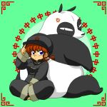  1boy 1girl back-to-back black_footwear black_headwear blue_eyes blush braid braided_ponytail breasts father_and_son green_background on_floor open_mouth panda ranma-chan ranma_1/2 red_hair saotome_genma_(panda) wanta_(futoshi) 