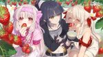  3girls belt black_gloves black_hair bowl child chocolate closed_eyes closed_mouth dress fate/grand_order fate_(series) feeding female_child food fruit gloves hairband highres holding holding_bowl illyasviel_von_einzbern jewelry katou_danzou_(fate) kawai_makoto long_hair looking_at_another multiple_girls navel necklace official_art open_mouth pearl_necklace ponytail red_eyes sitonai_(fate) sitting smile strawberry white_chocolate white_hair yellow_eyes 