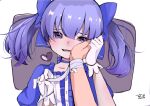  1girl bandaged_wrist bandages blue_bow blue_choker blue_dress blue_eyes blue_hair bow choker coco_pino_umai commentary_request crying dress gloves hand_on_another&#039;s_cheek hand_on_another&#039;s_face heart heart-shaped_pupils highres long_hair nijisanji open_mouth puffy_short_sleeves puffy_sleeves short_sleeves solo symbol-shaped_pupils virtual_youtuber white_gloves yuuki_chihiro 