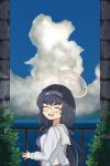  1girl :d ^_^ absurdres black_hair blue_archive blue_sky blurry bow closed_eyes cloud cloudy_sky commentary_request depth_of_field fence glasses hair_between_eyes hair_bow hair_ribbon hairband halo highres horizon hrna long_hair long_sleeves looking_at_viewer looking_back low_twintails ocean ribbon school_uniform serafuku sidelocks sky smile solo twintails ui_(blue_archive) 