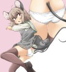  1girl animal_ears ass butt_crack capelet dress grey_hair hair_between_eyes highres long_sleeves looking_at_viewer mepikari mouse_ears mouse_girl mouse_tail multiple_views nazrin open_mouth panties red_eyes shirt shoes short_hair simple_background solo tail thighhighs touhou two-tone_background underwear upskirt white_panties white_shirt 