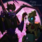  2girls airachnid autobot black_lips blue_eyes blue_skin breasts colored_skin decepticon elita_one happy_halloween highres mecha medium_breasts multiple_girls ponytail promise_blue2 robot science_fiction size_difference split_mouth transformers transformers_animated transformers_prime worried 