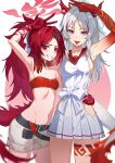  2girls absurdres arknights armpits bandeau belt black_belt black_horns blue_archive blurry blurry_foreground breasts collarbone cosplay costume_switch dragon_tail eyeshadow fangs grey_hair gus1999 hair_intakes halo hand_on_another&#039;s_hip hand_on_another&#039;s_shoulder hand_up highres horns looking_at_viewer makeup medium_breasts midriff multicolored_hair multiple_girls navel nian_(arknights) nian_(arknights)_(cosplay) parted_bangs pleated_skirt pointy_ears ponytail red_eyes red_eyeshadow red_hair red_horns red_sailor_collar red_tail renge_(blue_archive) renge_(blue_archive)_(cosplay) sailor_collar shorts side-by-side sidelocks single_horn skirt small_breasts smile strapless streaked_hair tail tongue tongue_out trait_connection tube_top upper_body v white_shorts white_skirt 
