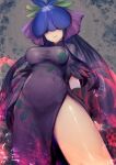  1girl black_gloves black_hair breasts china_dress chinese_clothes closed_mouth dress flower food_print fruit_print gloves grape_print khn_(kihana) large_breasts long_hair purple_dress purple_eyes purple_flower short_sleeves smile solo touhou unfinished_dream_of_all_living_ghost vine_print yomotsu_hisami 