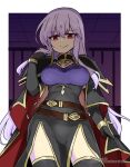  1girl alternate_costume belt breasts cape facial_mark fire_emblem fire_emblem:_genealogy_of_the_holy_war forehead_mark hand_in_own_hair julia_(fire_emblem) long_hair looking_at_viewer purple_hair red_eyes smile solo thighhighs thighs yukia_(firstaid0) 