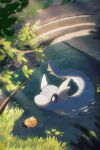  afloat arc_draws commentary_request day dratini grass highres leaf light_rays no_humans outdoors pokemon pokemon_(creature) rubber_duck solo water 