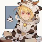  1boy absurdres animal_ears animal_print bell blonde_hair blue_background blush c52278 closed_mouth cow cow_boy cow_ears cow_hood cow_print cow_tail cowbell cropped_hoodie fake_animal_ears fake_horns highres hood hood_up hoodie horns hotori_tadase long_sleeves male_focus midriff midriff_peek multicolored_background neck_bell red_eyes shorts shugo_chara! socks solo tail white_background 
