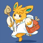  bag blue_background brown_eyes creature dot_nose furry highres holding holding_bag holding_staff hood hood_down hooded_robe kinakomochi_(kazuna922) orange_fur pawmot poke_ball pokemon pokemon_(creature) red_bag robe scroll smile staff standing standing_on_one_leg white_robe 