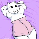  anthro black_eyes boss_monster bovid breasts caprine female fur genitals hands_behind_head mammal nipples nishi_oxnard nishioxnard pink_towel purple_sheets pussy smile solo toriel towel towel_only undertale undertale_(series) white_body white_fur 