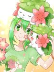  1girl :d aimi_(aimia492) artist_name bangle blush bracelet character_hat closed_mouth commentary_request eyelashes facial_tattoo female_protagonist_(pokemon_go) flower flower_(symbol) flower_tattoo green_eyes green_hair green_shirt hair_between_eyes hat jewelry looking_at_viewer on_shoulder open_mouth pink_flower pokemon pokemon_(creature) pokemon_(game) pokemon_go pokemon_on_shoulder print_shirt shaymin shaymin_(land) shirt short_hair short_sleeves sidelocks simple_background smile split_mouth t-shirt tattoo twitter_username upper_body white_background yellow_background 
