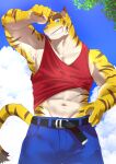  abs absurd_res anthro belt blue_eyes bodily_fluids bottomwear clothing cloud eyebrows felid fur grin hi_res male mammal morenatsu muscular muscular_anthro muscular_male pantherine pants pecs plant rotton shirt sky smile solo stripes sweat tank_top thick_eyebrows tiger topwear torahiko_(morenatsu) tree wiping_forehead yellow_body yellow_fur 