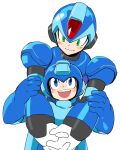  2boys android blue_eyes blush commentary_request green_eyes helmet hug hug_from_behind looking_down looking_up male_focus mega_man_(character) mega_man_(classic) mega_man_(series) mega_man_x_(series) multiple_boys robot simple_background white_background x_(mega_man) yuriyuri_(ccc) 