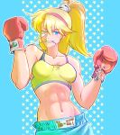  1girl abs bandaid bandaid_on_cheek bandaid_on_face battle_mania bb9_megadrive biting blonde_hair blue_eyes blue_shorts boxing_gloves boxing_shorts breasts cleavage commentary_request grin hairband high_ponytail highres medium_breasts navel one_eye_closed ootorii_mania red_hairband shorts smile solo sports_bra starry_background upper_body 