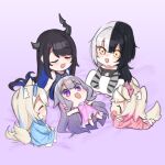  5girls :d ^_^ animal_ear_fluff animal_ears black_hair blonde_hair blue_hair broken_horn chibi closed_eyes commentary dasdokter dog_ears dog_girl dog_tail dress fuwawa_abyssgard grey_hair hair_between_eyes hairband holoadvent hololive hololive_english horns koseki_bijou long_hair lying mococo_abyssgard mole mole_on_stomach multicolored_hair multiple_girls nerissa_ravencroft on_back open_mouth pajamas pillow pink_dress pink_hair polka_dot polka_dot_pajamas purple_eyes shiori_novella siblings simple_background sisters smile split-color_hair streaked_hair symbol-only_commentary tail thick_thighs thighs twins very_long_hair virtual_youtuber white_hair yellow_eyes 