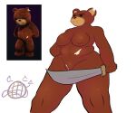  absurd_res anthro bear big_breasts breasts chubby_female crossgender discodemon female genitals hand_on_hip hi_res holding_object holding_sword holding_weapon living_toy logo mammal melee_weapon mtf_crossgender naughty_bear notched_ear nude overweight overweight_female plushie pussy reference_image slightly_chubby solo stuffing sword teddy_bear_(species) weapon 