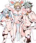  1girl 2boys alhaitham_(genshin_impact) alternate_costume animal_ears animal_hands animal_print bell bikini blonde_hair blush bottle bulge chest_jewel collar cow_ears cow_horns cow_print ear_tag elbow_gloves faruzan_(genshin_impact) fingerless_gloves flat_chest genshin_impact gloves godwkgodwk grey_hair hair_between_eyes hands_on_own_hips highleg highleg_bikini highres horns kaveh_(genshin_impact) long_hair looking_at_viewer micro_bikini milk_bottle multicolored_hair multiple_boys neck_bell one_eye_closed open_mouth paw_gloves pectoral_cleavage pectorals pelvic_curtain red_eyes side-tie_bikini_bottom simple_background sweat swimsuit thighhighs toned toned_male twintails white_background 