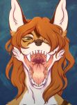  anthro bodily_fluids brown_nose canid cheek_tuft facial_tuft fangs front_view fur green_eyes hair hi_res lionfloof mammal mouth_shot open_mouth orange_body orange_fur orange_hair red_tongue saliva saliva_string simple_background solo teeth tongue tuft white_body white_fur 