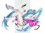  1girl absurdres ahoge belt blue_belt blue_eyes blue_hair blue_nails compact_(cosmetics) full_body grey_shorts hatsune_miku highres jacket long_hair miermere pink_jacket shorts smile socks solo twintails very_long_hair vocaloid white_footwear white_socks 
