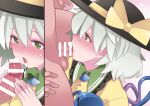  1boy 1girl bar_censor black_headwear blouse blush bow buttons censored cum cum_in_mouth diamond_button eyeball fellatio frilled_shirt_collar frills green_eyes hammer_(sunset_beach) hands_up hat hat_bow hat_ribbon hetero komeiji_koishi licking licking_penis light_green_hair medium_hair open_mouth oral penis ribbon saliva shirt short_hair third_eye tongue tongue_out touhou upper_body yellow_bow yellow_ribbon yellow_shirt 