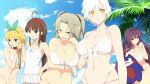  5girls :3 absurdres ahoge bebe-tan between_legs bikini black_bow black_ribbon blonde_hair blue_eyes blush bow braid breasts brown_hair cleavage clenched_hand cloud collar collarbone curvy day dress_swimsuit drooling game_cg glasses green_bow green_eyes groin hair_between_eyes hair_bow hair_ribbon hairband hand_between_legs hand_on_own_hip heterochromia highres holding holding_leash huge_breasts imu_(senran_kagura) large_breasts leash linea_alba long_hair masochism miyabi_(senran_kagura) multiple_girls murasaki_(senran_kagura) navel official_art one-piece_swimsuit open_mouth palm_leaf palm_tree purple_eyes purple_hair red_hairband ribbon ryoubi_(senran_kagura) ryouna_(senran_kagura) senran_kagura senran_kagura_estival_versus senran_kagura_shinovi_versus short_hair single_braid sky slit_pupils small_breasts smile stuffed_toy swimsuit tree twintails very_long_hair white_bikini white_bow white_hair white_one-piece_swimsuit yaegashi_nan yellow_eyes yuri 