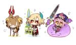  1boy 2girls =3 bell blonde_hair chibi closed_eyes closed_mouth dori_(genshin_impact) earrings feather_hair_ornament feathers flying_sweatdrops genshin_impact greatsword hair_bell hair_between_eyes hair_ornament hat holding holding_polearm holding_weapon jewelry jinni_(genshin_impact) kaveh_(genshin_impact) long_hair mehrak_(genshin_impact) multiple_girls musical_note no_mouth orange_eyes pink_hair polearm purple_headwear reclining red_eyes shigetake_(buroira) short_hair simple_background single_earring sparkle staff_of_homa_(genshin_impact) standing sword weapon white_background yaoyao_(genshin_impact) 