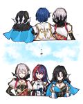  2boys 2girls absurdres alear_(female)_(fire_emblem) alear_(fire_emblem) alear_(male)_(fire_emblem) black_hair blue_eyes blue_hair blush cape capelet cleavage_cutout closed_eyes closed_mouth clothing_cutout fire_emblem fire_emblem_engage fur_trim gloves heterochromia highres jewelry long_hair long_sleeves misato_hao multicolored_hair multiple_boys multiple_girls necklace nel_(fire_emblem) nil_(fire_emblem) open_mouth rafal_(fire_emblem) red_eyes red_hair ribbon short_hair two-tone_hair white_hair 