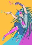  1girl :d absurdres arms_up asymmetrical_legwear black_scrunchie black_skirt blue_hair blunt_bangs breasts danganronpa_(series) danganronpa_2:_goodbye_despair green_background green_hair grey_footwear grey_hair grey_shirt hair_horns highres long_hair mioda_ibuki mismatched_legwear nail_polish neckerchief pink_background pink_eyes pink_hair pink_neckerchief pink_thighhighs pleated_skirt pointing scrunchie shirt shoes short_sleeves skirt small_breasts smile solo teeth thighhighs torn_clothes torn_thighhighs upper_teeth_only white_hair wrist_scrunchie yellow_background youko-shima 