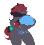  anthro big_breasts bottomwear breasts claws clothing colored curvaceous curvy_figure cutoffs denim denim_clothing female generation_5_pokemon hi_res holding_breast hotpants nintendo panties pokemon pokemon_(species) red_claws shorts solo son2j tagme unbuttoned_shorts underwear voluptuous zoroark 