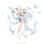  1girl absurdres bird breasts broken_pillar chunbai_renxing commentary_request dress feathered_wings flower full_body green_eyes hair_flower hair_ornament harp high_heels highres holding holding_instrument instrument large_breasts long_hair looking_at_viewer multiple_wings original parted_lips pigeon pillar revealing_clothes simple_background solo weibo_logo weibo_username white_background white_bird white_dress white_flower white_footwear white_hair white_wings wings 