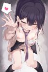  1girl black_hair black_skirt black_socks breasts brown_cardigan cardigan closed_eyes commentary_request facing_viewer female_masturbation hair_between_eyes heart highres inverted_nipples kneehighs leaning_forward long_hair long_sleeves masturbation miniskirt mole mole_under_eye necktie nipples no_bra off_shoulder open_cardigan open_clothes original purple_necktie pussy_juice shirt skirt small_breasts socks solo spoken_heart standing toshizou_(0714) trembling uniform white_shirt 