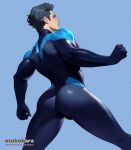  1boy artist_name ass back bara batman_(series) black_bodysuit black_hair blue_bodysuit bodysuit dc_comics dick_grayson highres large_pectorals looking_back male_focus muscular muscular_male nightwing otokobara patreon_username pectorals short_hair simple_background solo superhero thick_thighs thighs two-tone_bodysuit 