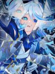  1girl air_bubble app_filter ascot black_gloves blue_ascot blue_bow blue_brooch blue_eyes blue_hair blue_jacket bow broken_mirror bubble crying crying_with_eyes_open furina_(genshin_impact) furrowed_brow genshin_impact gloves hat heterochromia highres jacket long_hair lower_teeth_only mirror multicolored_hair open_mouth reaching reaching_towards_viewer reflection sidelocks solo streaked_hair teardrop tears teeth top_hat two-tone_hair underwater water xxchicoxxf 