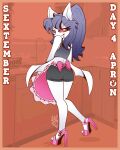  absurd_res anthro apron bakery bat bat_wings clothing fangs female footwear hair hi_res high_heels kitchen mammal membrane_(anatomy) membranous_wings platform_footwear platform_heels ponytail sextember short_pants solo tdfoxoo teeth topwear wings 