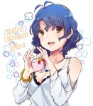  1girl antenna_hair bare_shoulders birthday blue_hair bow breasts brown_eyes character_name cleavage clothing_cutout collarbone commentary_request dated eyelashes frilled_shirt frills gift gold_bracelet happy_birthday heart heart_hands holding holding_gift idolmaster idolmaster_million_live! large_bow light_blush long_sleeves looking_at_viewer open_mouth shirt short_hair shoulder_cutout smile solo teeth toyokawa_fuka upper_body wavy_hair white_background white_shirt witoi_(roa) 
