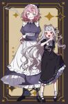  2girls :d apron black_dress black_footwear black_horns black_ribbon blush breasts cigarette demon_girl dress fangs framed green_eyes grin hair_intakes highres horns juliet_sleeves large_breasts long_hair long_sleeves looking_at_viewer looped_braids maid maid_apron maid_headdress mary_janes multiple_girls neck_ribbon original pink_hair pointy_ears puffy_sleeves red_eyes ribbon shoes skirt_hold sleeve_cuffs smile socks uneuni vampire wavy_hair white_apron white_hair white_socks 