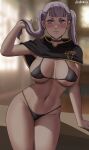  1girl armpits artist_name bikini black_bikini black_bra black_bulls_(emblem) black_capelet black_cloak black_clover black_panties blurry blurry_background blush bra breasts breasts_apart capelet cloak contrapposto cross cross_earrings earrings grey_hair hair_lift hand_up highleg highleg_bikini highres indoors jewelry large_breasts lifted_by_self long_hair looking_at_viewer navel noelle_silva oroborus panties purple_eyes solo swimsuit thighs twintails underwear 