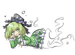  closed_mouth dress green_dress green_eyes green_hair hands_on_own_cheek hands_on_own_face looking_at_viewer primsla simple_background soga_no_tojiko touhou white_background 