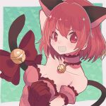  1girl animal_ears bell blush border bow breasts cat_ears cat_girl cleavage dress gloves green_background lowres magical_girl mew_ichigo miwasiba momomiya_ichigo neck_bell pink_dress pink_eyes pink_gloves pink_hair red_bow smile solo tail tail_bell tail_ornament teeth tokyo_mew_mew white_border 
