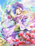  1girl :d aura blonde_hair boots bracer breasts cardfight!!_vanguard cloud day detached_sleeves dress falling_petals flower flower_hat foot_out_of_frame frilled_sleeves frills green_footwear halter_dress halterneck holding holding_staff long_dress long_sleeves looking_at_viewer mage_staff medium_breasts official_art ori_simo outstretched_hand parted_bangs petals pleated_dress purple_dress purple_eyes purple_flower purple_headwear red_flower side_slit smile solo staff standing standing_on_one_leg teeth thigh_boots upper_teeth_only yellow_flower 