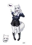  absurd_res anthro blue_eyes boots canid canine canis clothing collar female footwear fur gfox404 hair hi_res kneeling mammal solo tongue underwear white_body white_fur white_hair wolf 