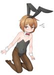  1girl absurdres animal_ears bare_shoulders black_leotard bow bowtie brown_eyes brown_hair brown_pantyhose covered_navel flat_chest full_body highres kantai_collection kneeling leotard maru_(marg0613) one-hour_drawing_challenge pantyhose playboy_bunny rabbit_ears red_bow red_bowtie short_hair simple_background solo strapless strapless_leotard wakaba_(kancolle) white_background wrist_cuffs 