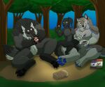  anthro big_breasts big_skye_wolf biped black_body black_fur black_tail blue_eyes breasts canid canine canis eating eating_food featureless_breasts featureless_crotch female food forest forest_background fur grey_body grey_fur grey_tail group hi_res jelly_(food) killerwolf1020 looking_at_another male mammal mane muscular nature nature_background nude outside pawpads peanut_butter plant preparing_food primrose_wolfess red_eyes rhyker sandwich_(food) silly sitting sitting_on_another sitting_on_ground stealing surprised_expression tail tree trio were werecanid werecanine werewolf wolf yellow_eyes 