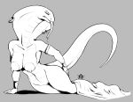  2020 anthro black_and_white breasts cobra female furgonomics furry-specific_piercing genitals grey_background line_art long_tongue monochrome nipples non-mammal_breasts non-mammal_nipples omeyega piercing pussy reptile scalie simple_background snake snake_hood snake_hood_piercing solo tongue tongue_out 